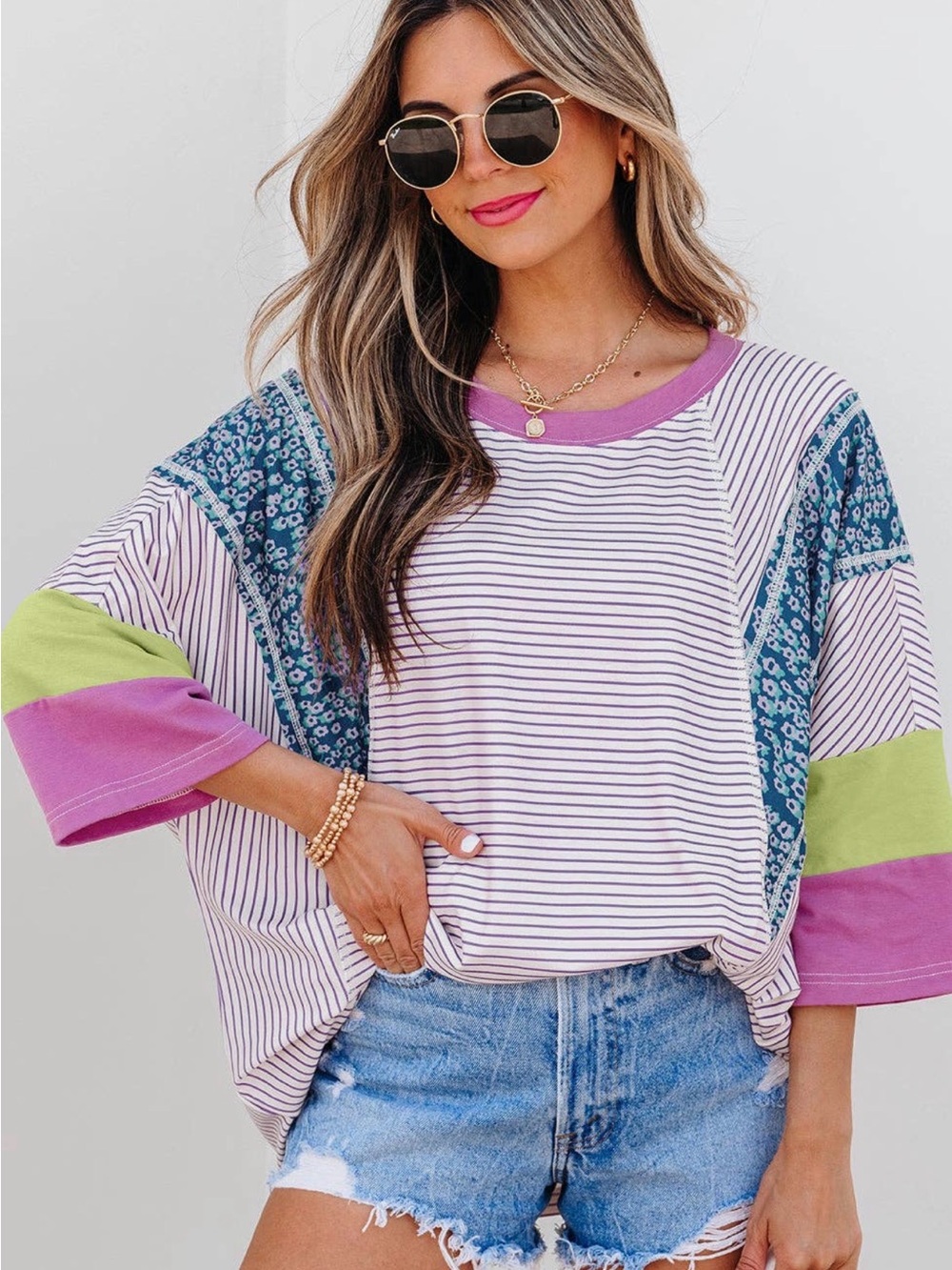 Striped Patchwork Relaxed Fit Top in Lavender and Blue